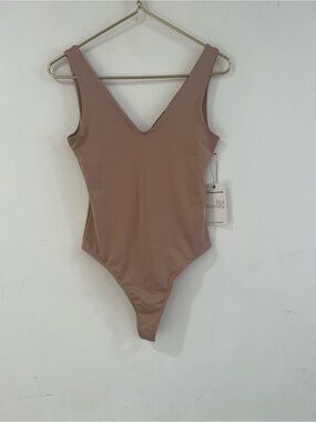 Shinestar V-Neck One-Piece Bodysuit tan beige M